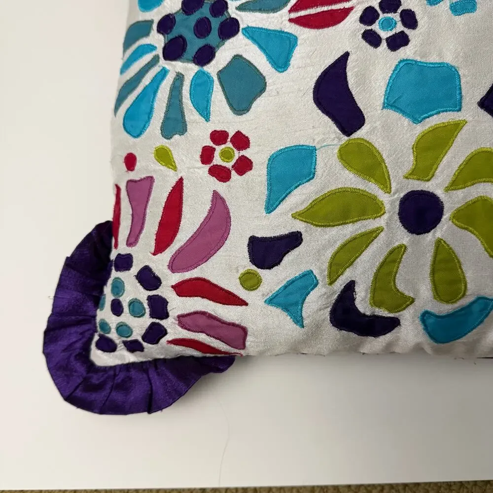 Pier 1 Imports Colorful Floral Applique Throw Pillow Ruffle 15x15 Purple Blue